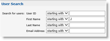User Search section with default fields to configure the search based on User ID, First Name, Last Name and Email Address